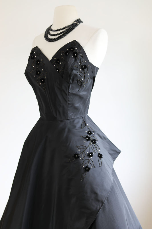 Vintage 1950s Party Dress - Iconic Stabby Bust + Hip Fin Black Silk Taffeta Strapless Gown Size M