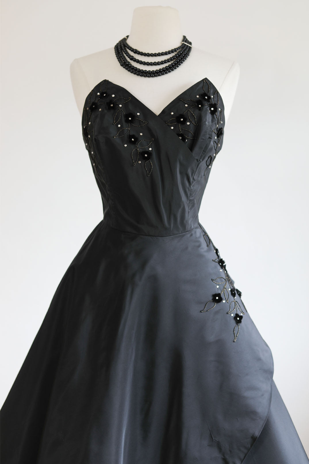 Vintage 1950s Party Dress - Iconic Stabby Bust + Hip Fin Black Silk Taffeta Strapless Gown Size M