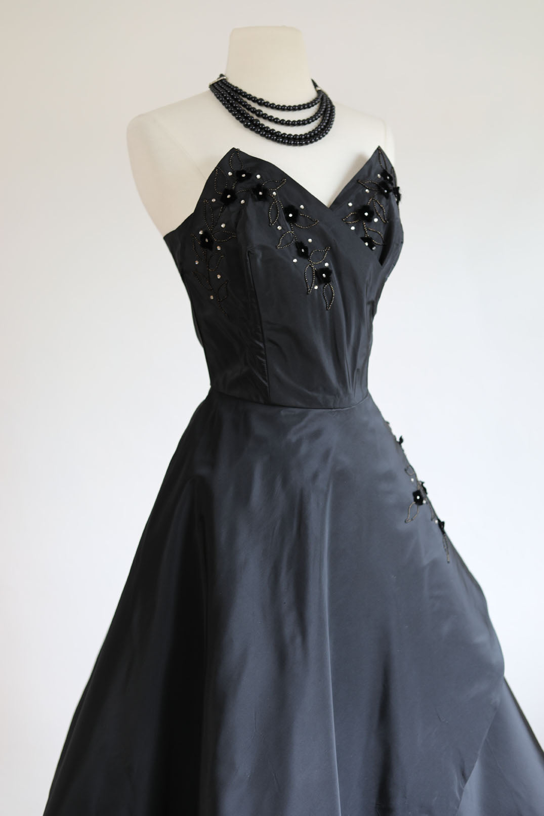 Vintage 1950s Party Dress - Iconic Stabby Bust + Hip Fin Black Silk Taffeta Strapless Gown Size M