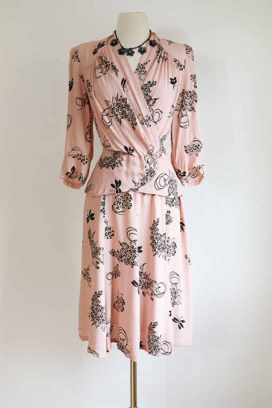 Vintage Late 1930s Dress - The Best! Pink + Black Butterfly Leaves Novelty Print Dress Size L to XL