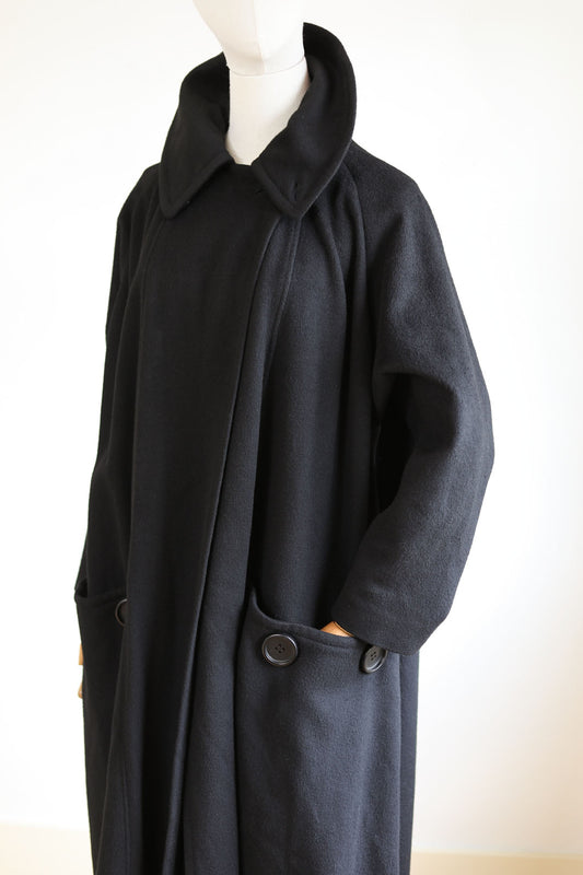 Vintage 1950s Luxe Cashmere Swing Coat - Black with Bakelite Button Pockets + Satin Size S to XL