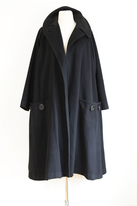 Vintage 1950s Luxe Cashmere Swing Coat - Black with Bakelite Button Pockets + Satin Size S to XL