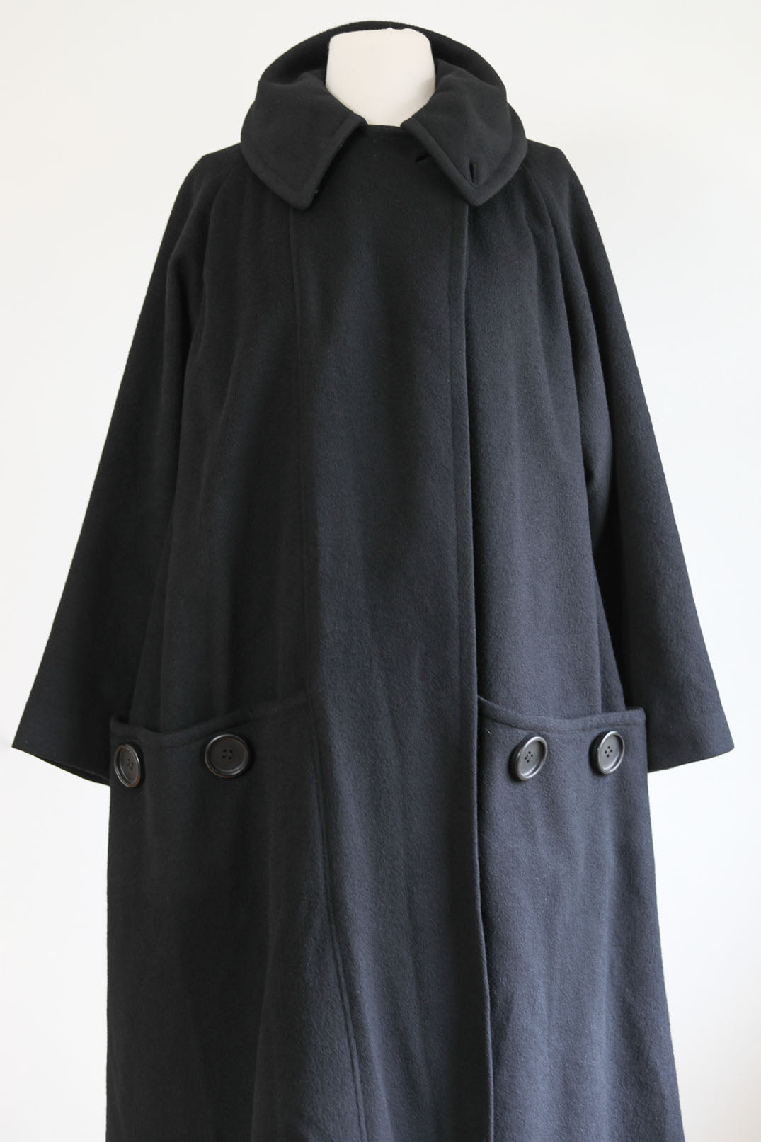 Vintage 1950s Luxe Cashmere Swing Coat - Black with Bakelite Button Pockets + Satin Size S to XL