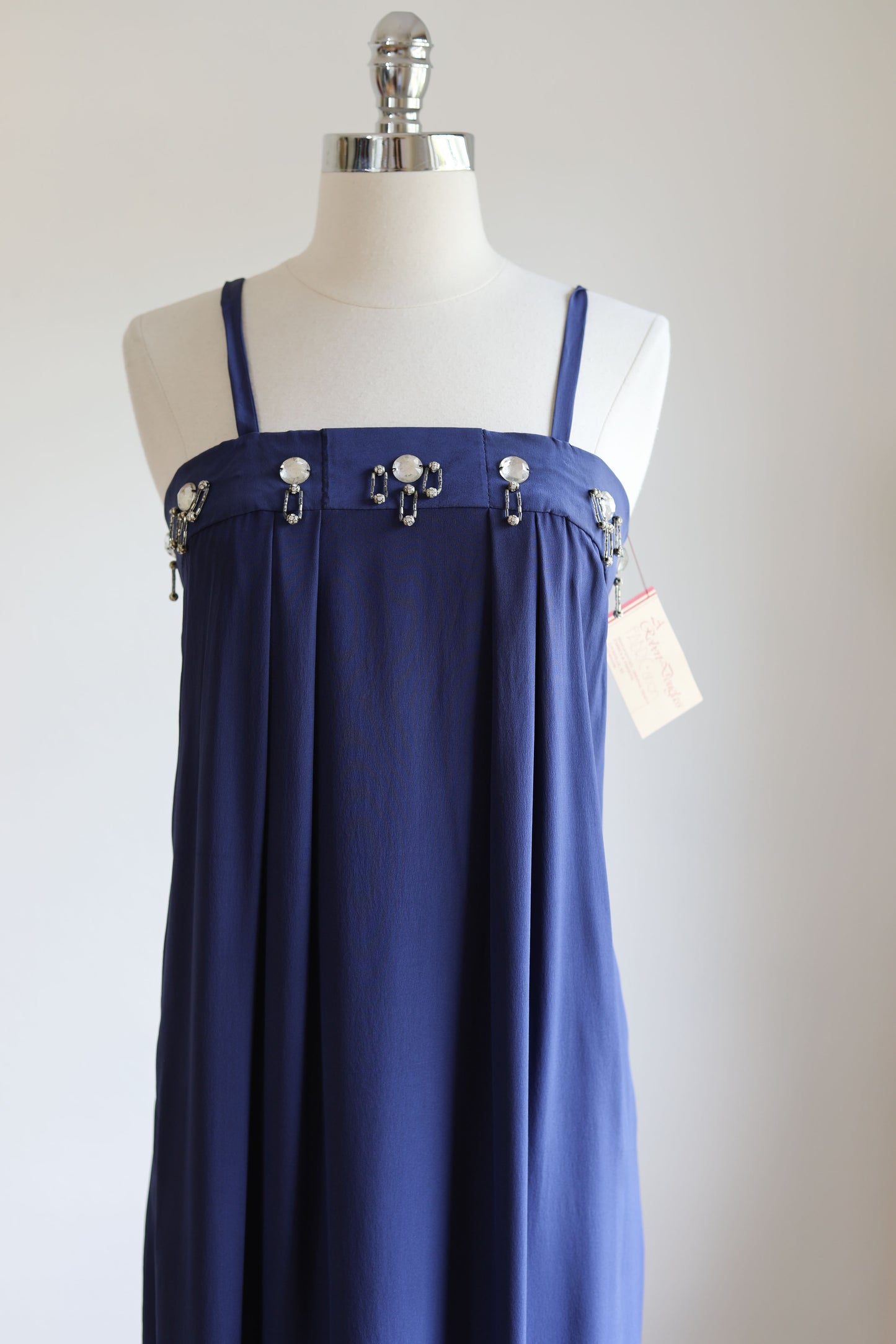 Vintage 1980s Deadstock Dress - DECO Violet Blue Pure Silk Slip Dress w Embellished Bust Size XS to S