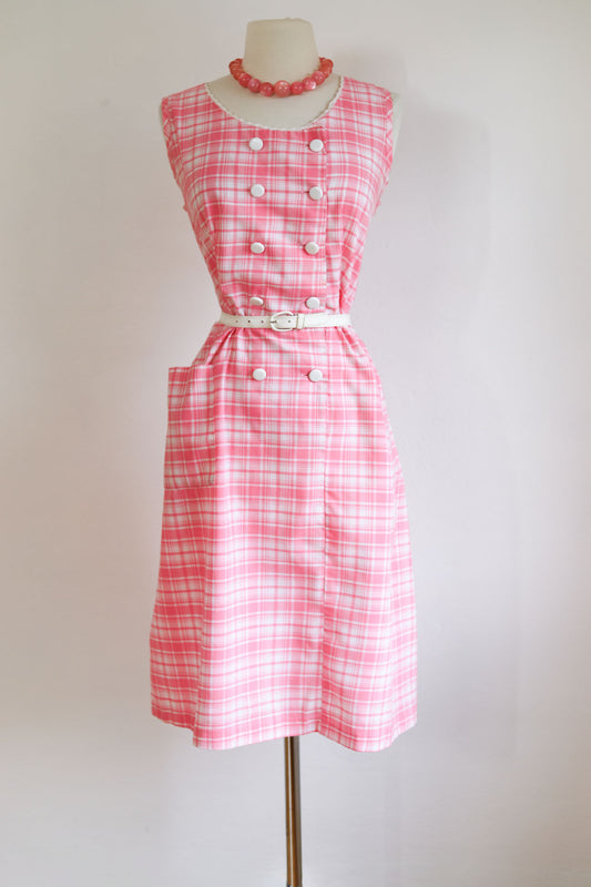 Vintage 1950s to 1960s Shirtwaist - Volup Pert Barbie Pink Plaid Cotton w Hip Pocket Size L to XL