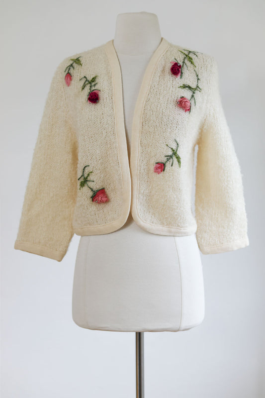 Vintage 1960s Sweater - Shaggy Mohair Designer Cardigan w Pink Red Velvet Roses + Embroidery Size M to XL