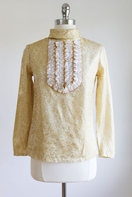 Vintage 1960s Blouse - GOLD RUSH Metallic Lurex Brocade w Ruffled Menswear Tuxedo Jabot Size XS - S