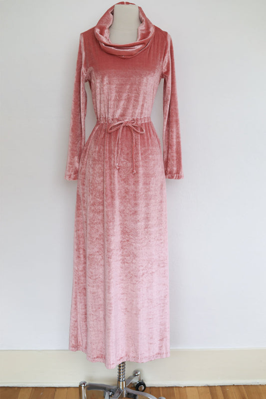 Vintage 1970s Velvety Velour Knitwear Maxi Dress - Ice Pink Knit Slouch-Neck Drawstring Waist Dress Size M to L