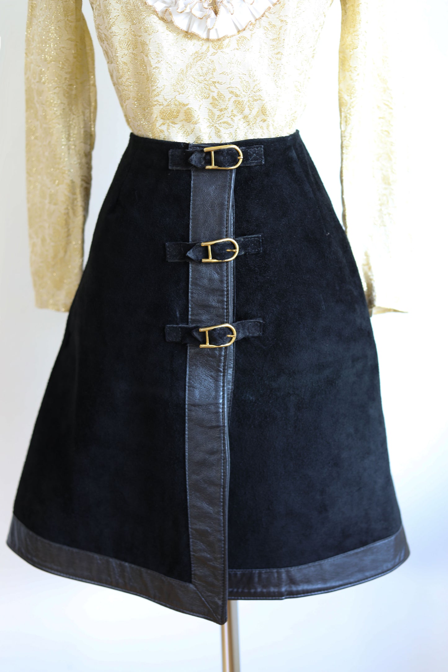 Vintage 1970s Skirt - LUXURY Saks Fifth Avenue A-line Leather Mini Skirt w Golden Equestrian Hardware Size S - M