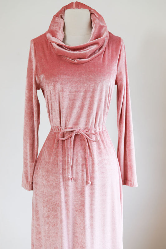 Vintage 1970s Velvety Velour Knitwear Maxi Dress - Ice Pink Knit Slouch-Neck Drawstring Waist Dress Size M to L