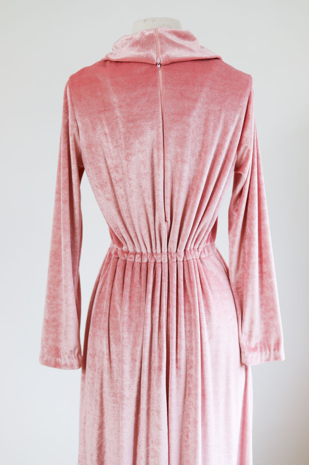 Vintage 1970s Velvety Velour Knitwear Maxi Dress - Ice Pink Knit Slouch-Neck Drawstring Waist Dress Size M to L