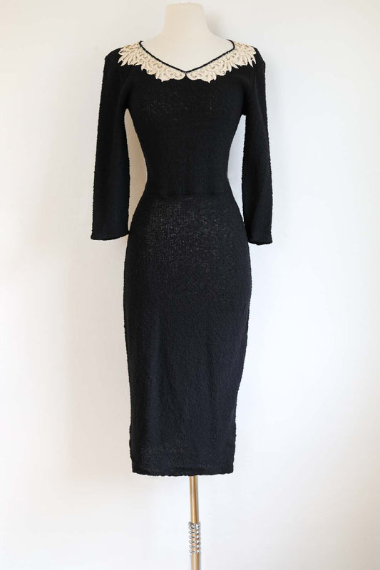 Vintage 1950s Knit Dress - Bombshell Black + Ivory Snyderknit Wool Boucle Knitwear Dress Size M to L