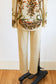 Vintage 1960s Pant Suit - INCREDIBLE Golden Shimmer Autumn Floral + Ribbons Border Print Blouse + Stretch Cigarette Pants Size S - M