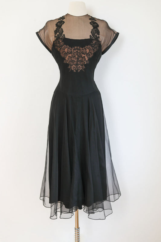 Vintage 1950s Designer Dress - Rare Irene Lentz Silk + Lace Illusion Cocktail Party Event Dress Size M