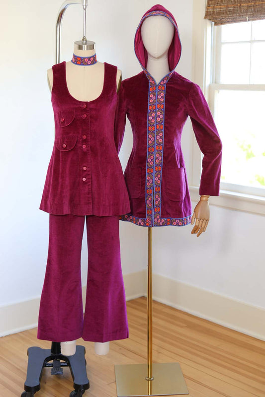 Vintage 1960s to 1970s HOODED 4-piece Pant Suit - WILD Purple Velveteen + Embroidered Folk Ribbon Tunic Top, Pants, Hood Jacket, Belt Size XS - S