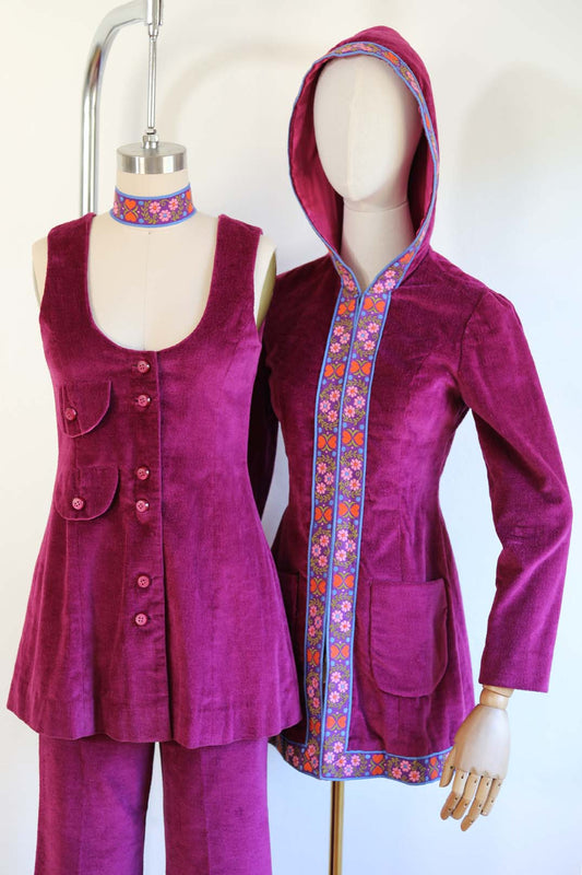 Vintage 1960s to 1970s HOODED 4-piece Pant Suit - WILD Purple Velveteen + Embroidered Folk Ribbon Tunic Top, Pants, Hood Jacket, Belt Size XS - S