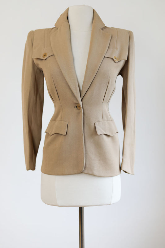 Vintage Early 1940s Sporty Jacket - Camel Wool Twill Tailored Cropped Suit Blazer Size XS to S