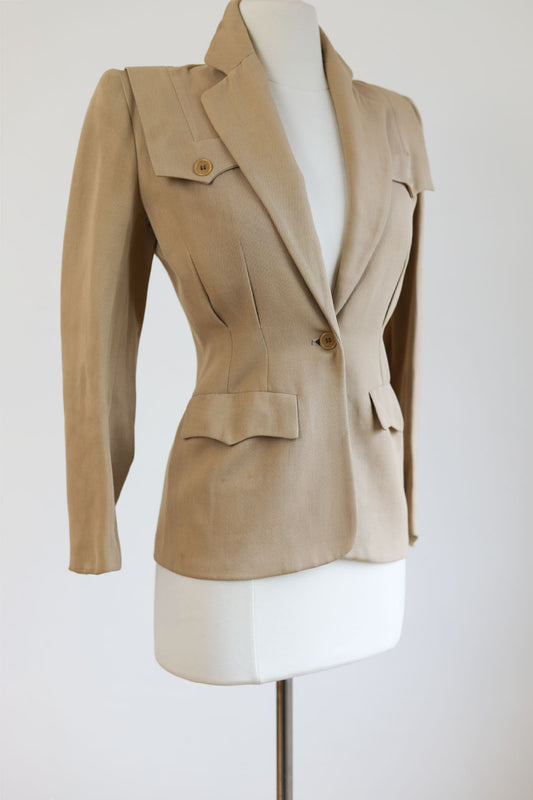 Vintage Early 1940s Sporty Jacket - Camel Wool Twill Tailored Cropped Suit Blazer Size XS to S