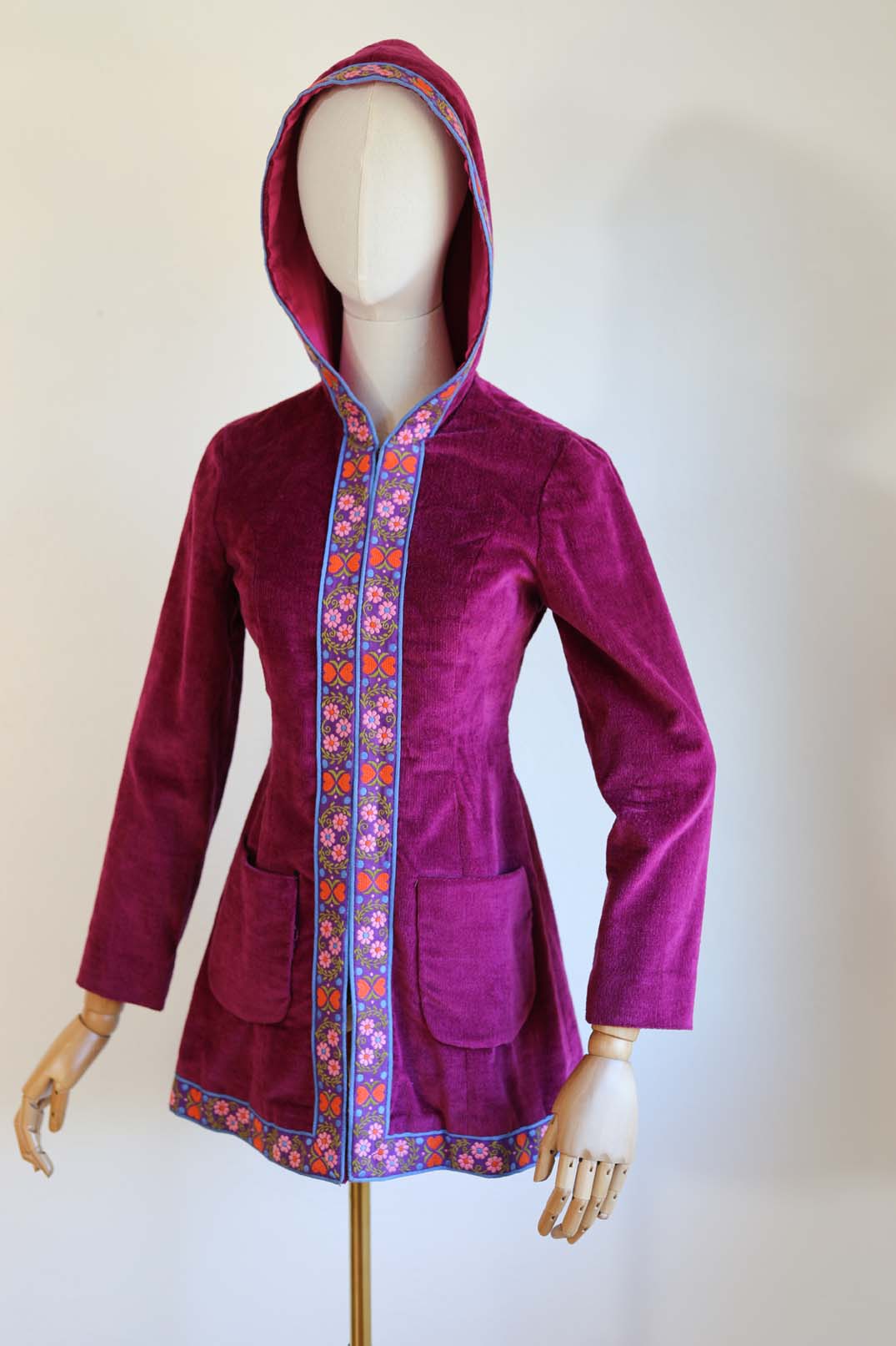 Vintage 1960s to 1970s HOODED 4-piece Pant Suit - WILD Purple Velveteen + Embroidered Folk Ribbon Tunic Top, Pants, Hood Jacket, Belt Size XS - S