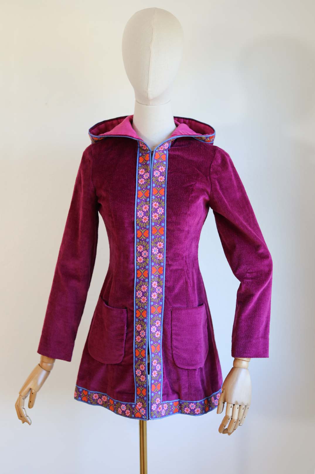 Vintage 1960s to 1970s HOODED 4-piece Pant Suit - WILD Purple Velveteen + Embroidered Folk Ribbon Tunic Top, Pants, Hood Jacket, Belt Size XS - S