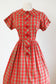 Vintage 1950s Shirtwaist - Jaunty Cherry Tan Plaid Cotton w Big Red Bakelite Platter Buttons Dress Size L