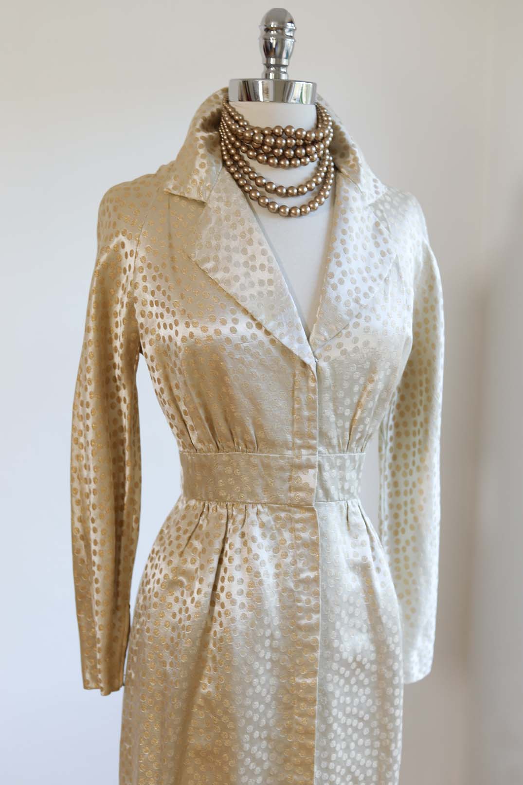 Vintage 1950s Designer Dress - SCINTILLATING Estevez Champagne Silk Satin + Gold Lamé Polka Dots Front Metal Zipper Cocktail Size XS to S