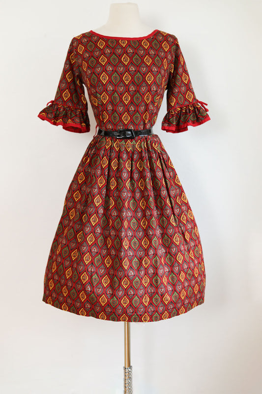 Vintage 1950s Dress - Flame Print Scarlet Mustard Olive Cotton w Belled Bow Sleeves Size M to L
