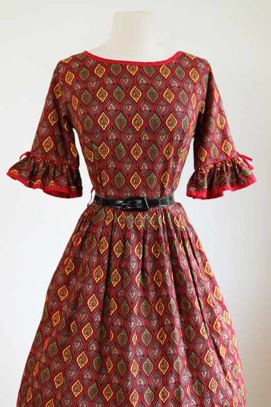 Vintage 1950s Dress - Flame Print Scarlet Mustard Olive Cotton w Belled Bow Sleeves Size M to L