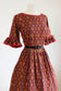 Vintage 1950s Dress - Flame Print Scarlet Mustard Olive Cotton w Belled Bow Sleeves Size M to L