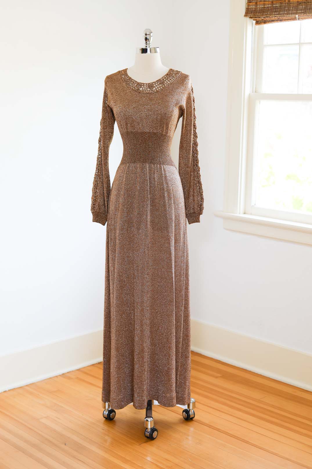 Vintage 1970s Knit Maxi Dress - SLINKY Copper Crochet + Sparkly Silver Lurex Wasp-Waist Knitwear Gown Size XS to L