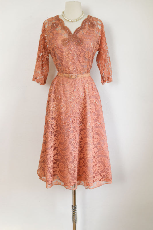 Vintage 1950s Party Dress - Exquisitely Beautiful Warm Coral Chantilly Lace Cocktail Dress Size L