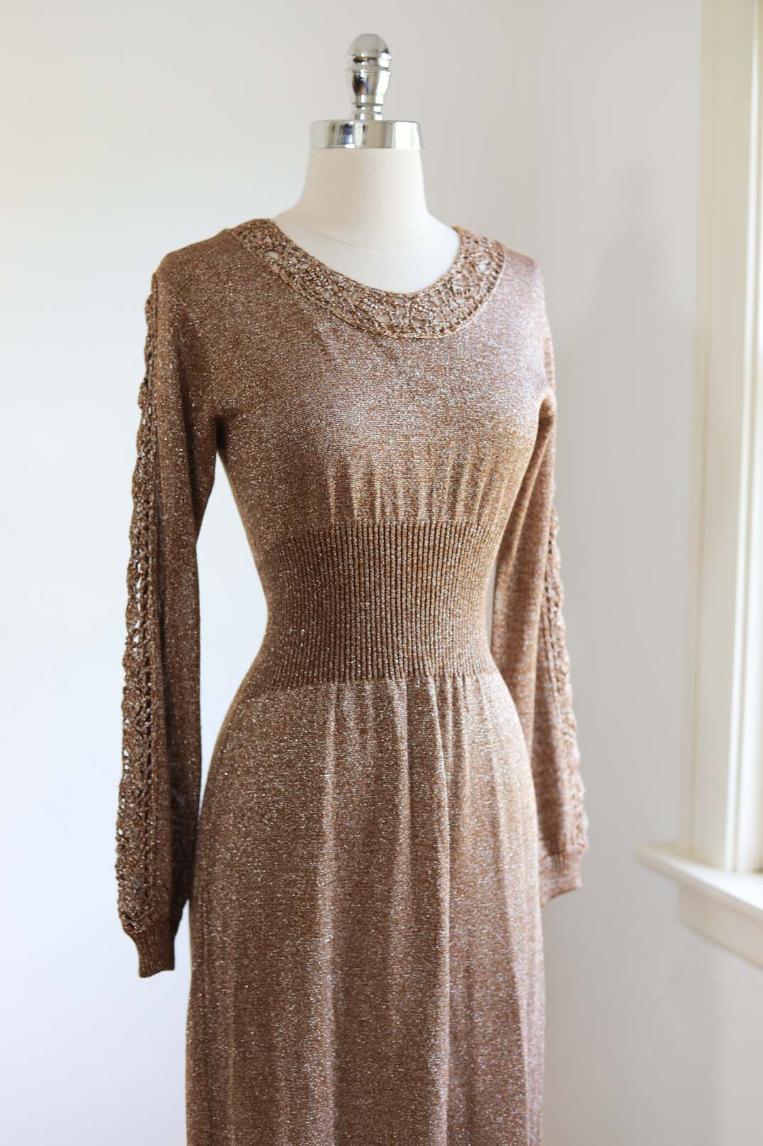 Vintage 1970s Knit Maxi Dress - SLINKY Copper Crochet + Sparkly Silver Lurex Wasp-Waist Knitwear Gown Size XS to L