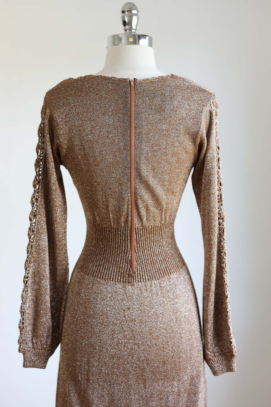 Vintage 1970s Knit Maxi Dress - SLINKY Copper Crochet + Sparkly Silver Lurex Wasp-Waist Knitwear Gown Size XS to L