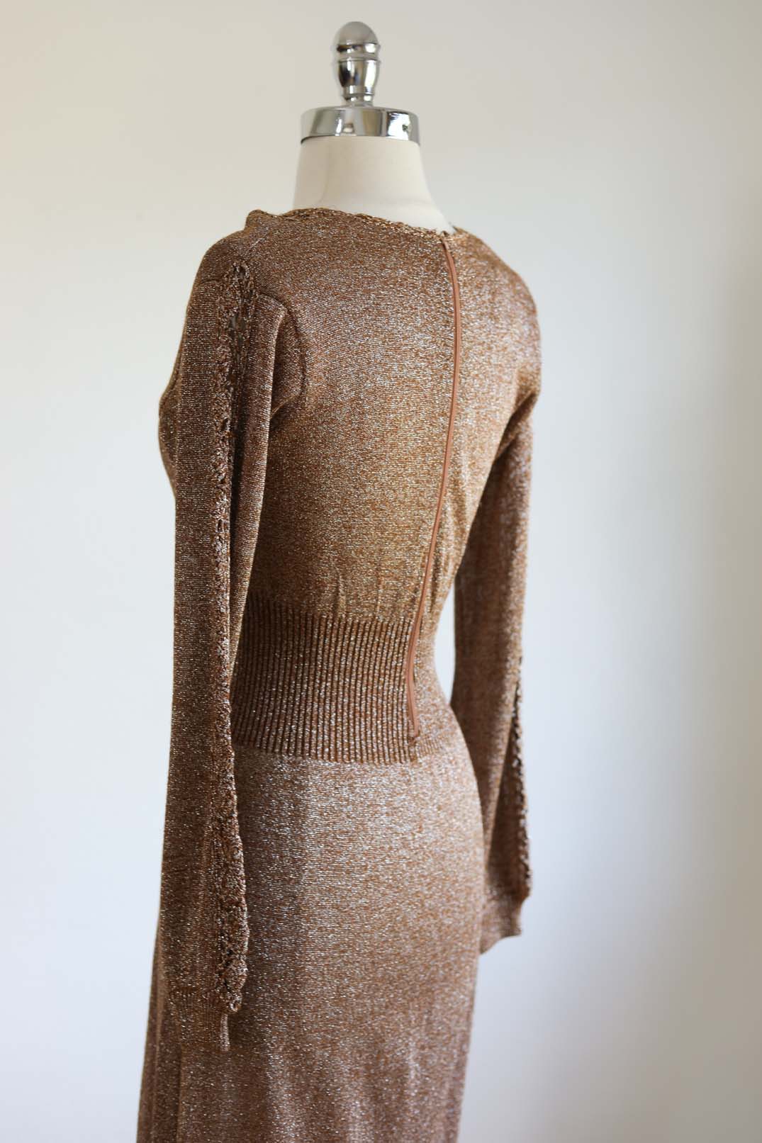 Vintage 1970s Knit Maxi Dress - SLINKY Copper Crochet + Sparkly Silver Lurex Wasp-Waist Knitwear Gown Size XS to L