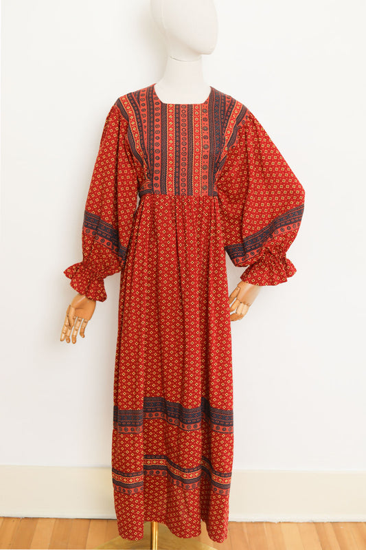 Vintage 1970s Kaftan Gown - Paprika Navy Block Print Indian Cotton Maxi Dress w HUGE Sleeves Size S to L