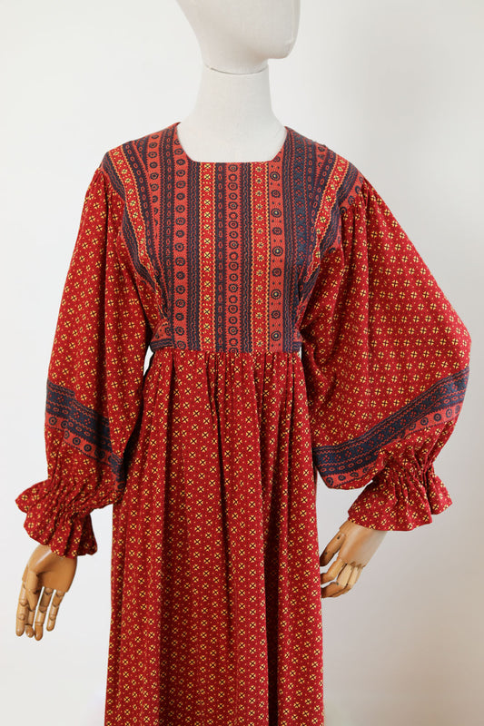 Vintage 1970s Kaftan Gown - Paprika Navy Block Print Indian Cotton Maxi Dress w HUGE Sleeves Size S to L