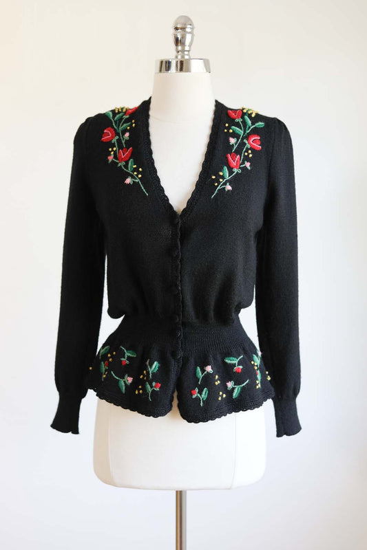 Vintage 1980s Knit Sweater - FOLK BEAUTY! Black Hand-Embroidered Wool Knitwear Cardigan Size S to XL Range