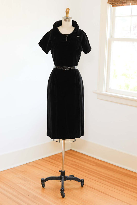 Vintage 1950s Cocktail Dress - Sophisticated Kitten-Soft Black Velveteen Wiggle Cocktail w Rhinestones Size M