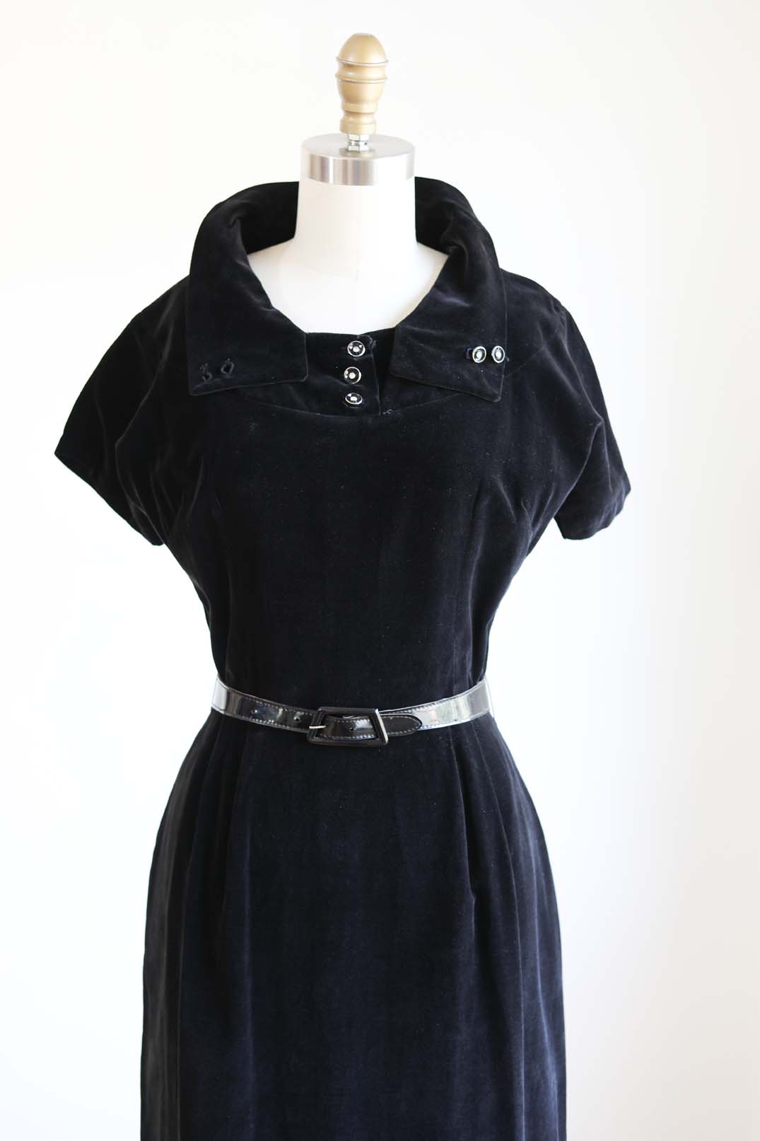 Vintage 1950s Cocktail Dress - Sophisticated Kitten-Soft Black Velveteen Wiggle Cocktail w Rhinestones Size M