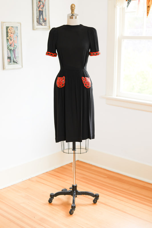 Vintage 1930s to 1940s Dress - SPOOKY SEASON-READY Black Crepe Goth Doll w Orange Bead + Sequin Pockets Size XS to S