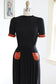 Vintage 1930s to 1940s Dress - SPOOKY SEASON-READY Black Crepe Goth Doll w Orange Bead + Sequin Pockets Size XS to S