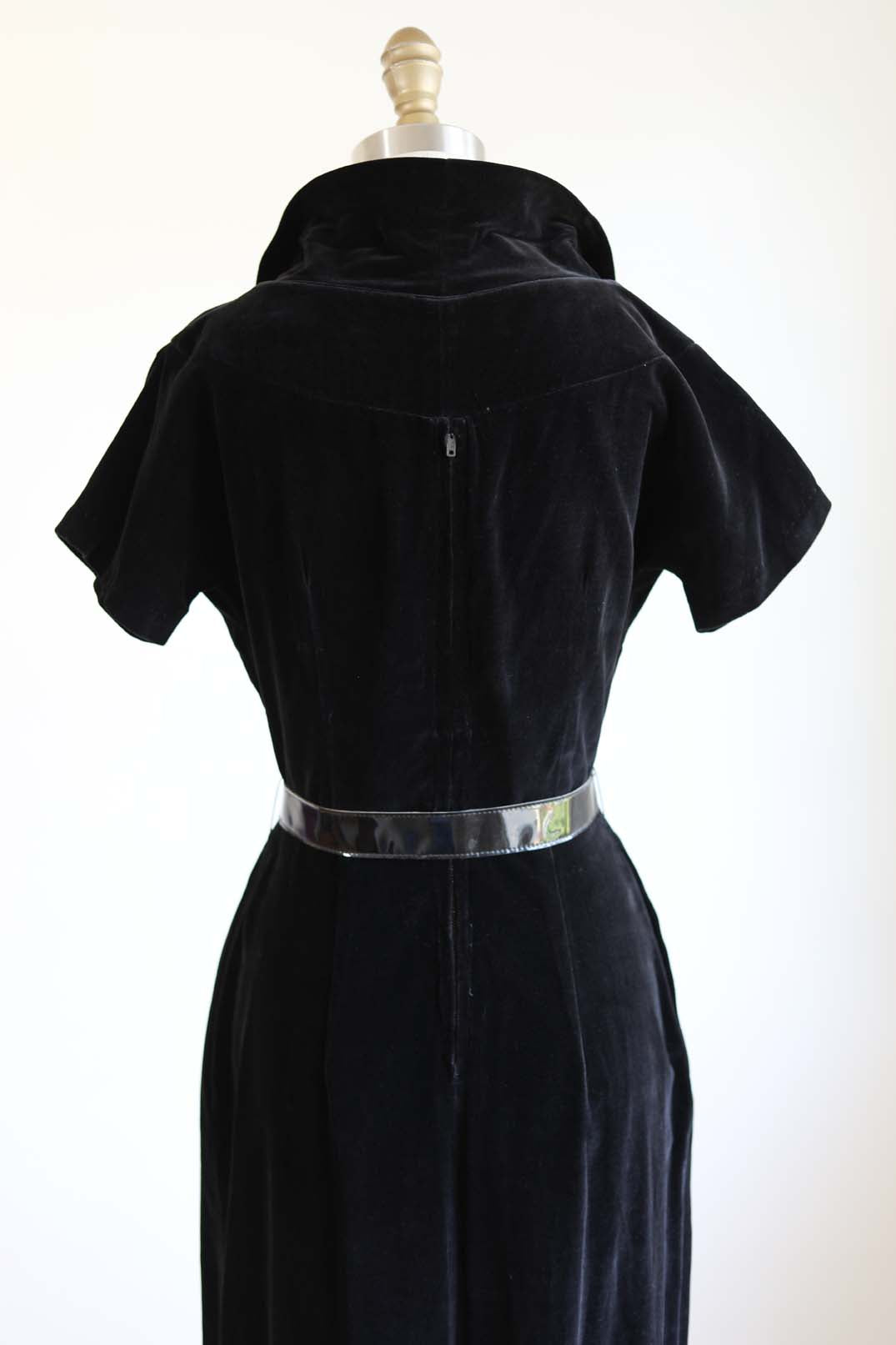 Vintage 1950s Cocktail Dress - Sophisticated Kitten-Soft Black Velveteen Wiggle Cocktail w Rhinestones Size M