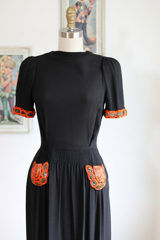 Vintage 1930s to 1940s Dress - SPOOKY SEASON-READY Black Crepe Goth Doll w Orange Bead + Sequin Pockets Size XS to S
