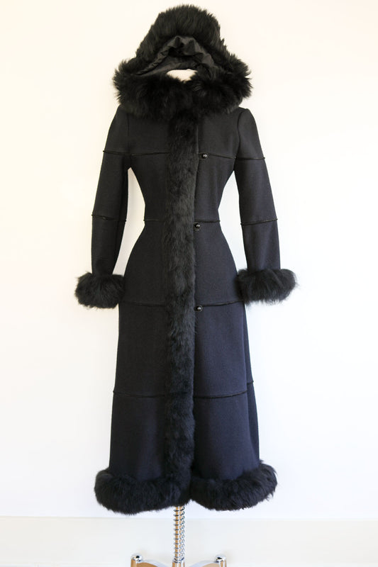 Vintage 1970s Black Shearling Fur Russian Princess Coat - Luxurious Maxi Length Belted Coat Size XS to S