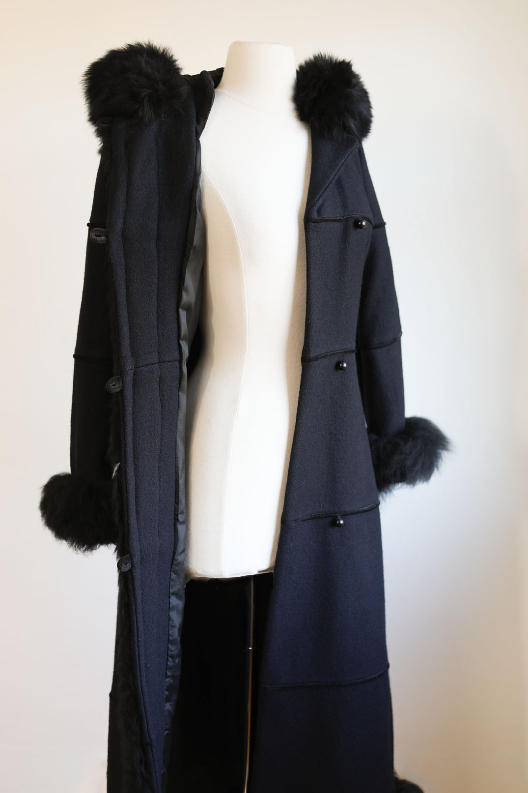 Vintage 1970s Black Shearling Fur Russian Princess Coat - Luxurious Maxi Length Belted Coat Size XS to S