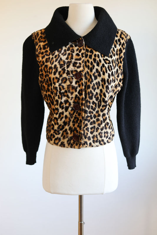 Vintage 1950s Panel Jacket - RARE Black Wool Knit + Velvety Leopard Print Faux Fur Shacket Sweater Cardigan Size M to L
