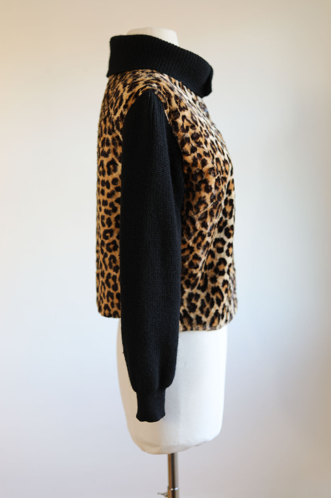 Vintage 1950s Panel Jacket - RARE Black Wool Knit + Velvety Leopard Print Faux Fur Shacket Sweater Cardigan Size M to L