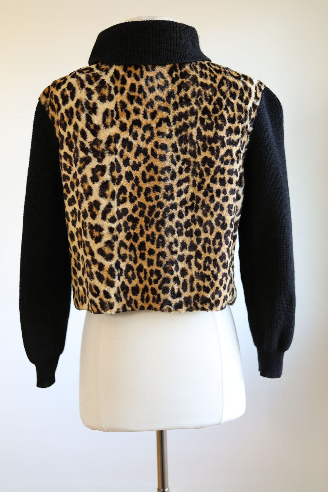 Vintage 1950s Panel Jacket - RARE Black Wool Knit + Velvety Leopard Print Faux Fur Shacket Sweater Cardigan Size M to L