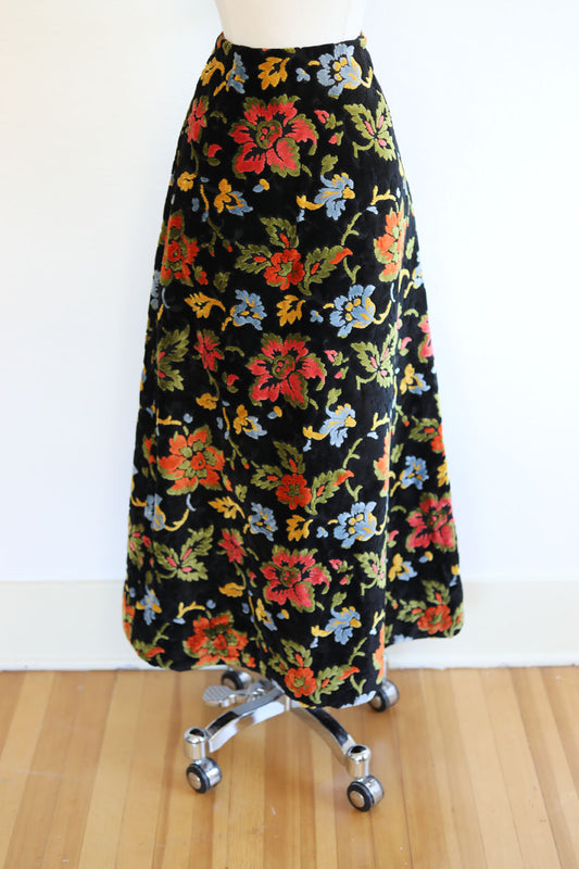 Vintage 1960s to 1970s Skirt - Rare Black Velvet Chenille Brocade Carpet Bag Maxi Skirt Size S to M