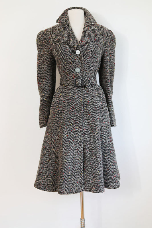 Vintage 1940s Wool Tweed Princess Coat - Beautiful Tailored Colorful Fleck Belted Coat Size S to M